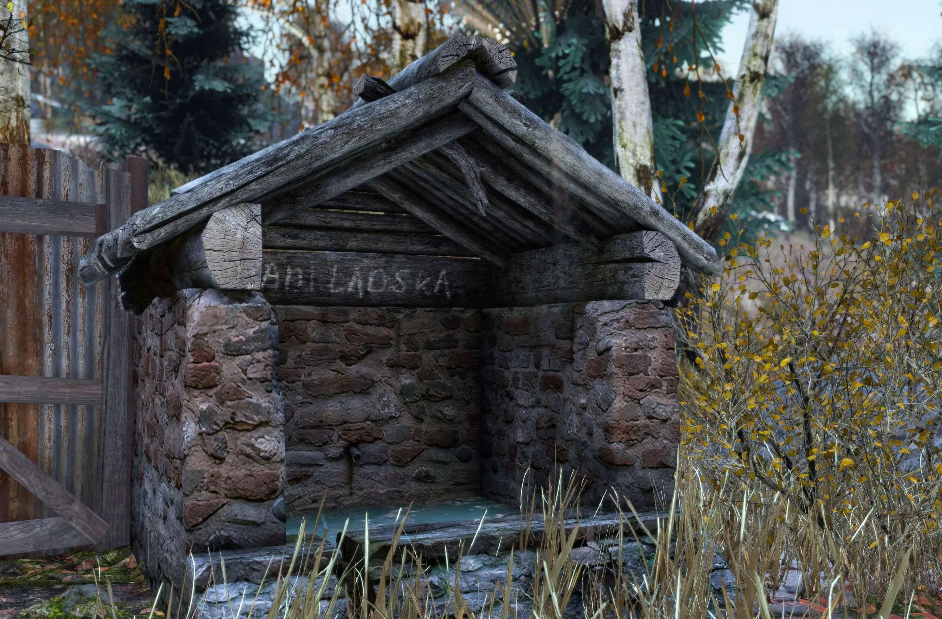 A stone water spring on DayZ's Sakhal map, the only direct source of clean water on the archipelago