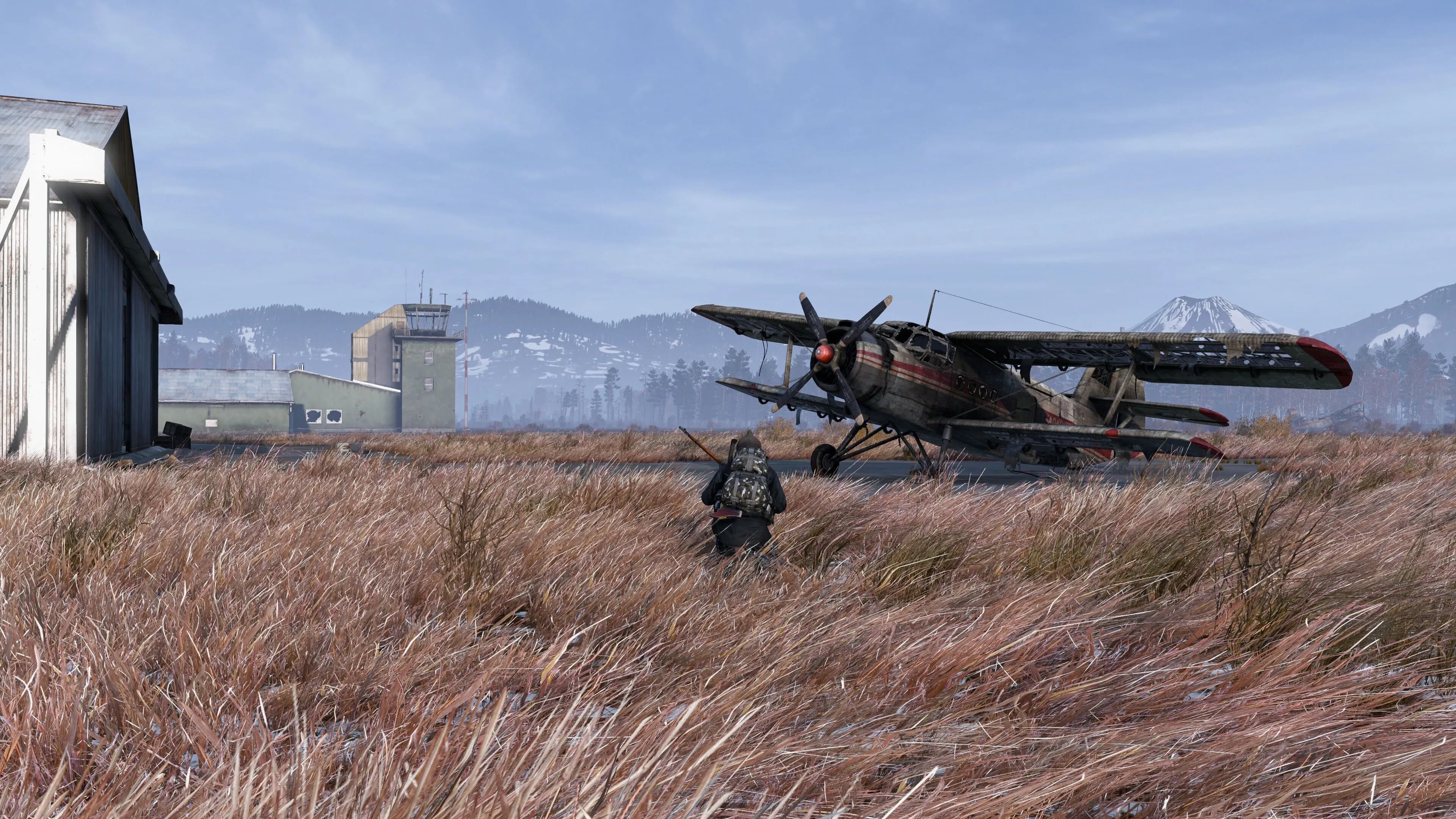 A survivor crouched in tall grass on the approach to Nogovo Airfield in DayZ Sakhal, with a derelict biplane on the runway and the volcano on the horizon