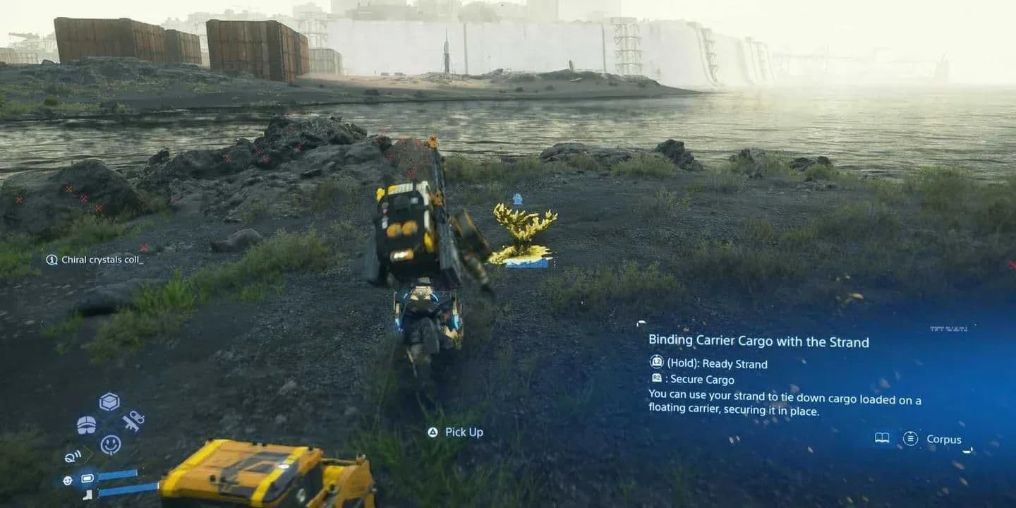 Death Stranding inventory screen displaying Chiral Crystal counts and core materials for gear crafting.