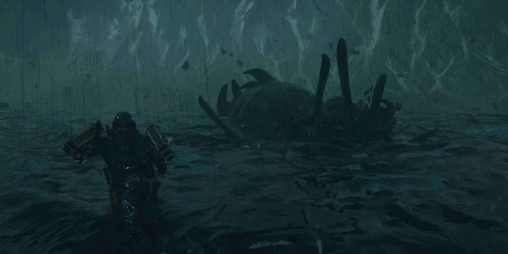 Sam Bridges fighting a Delphis BT on the beach in Death Stranding