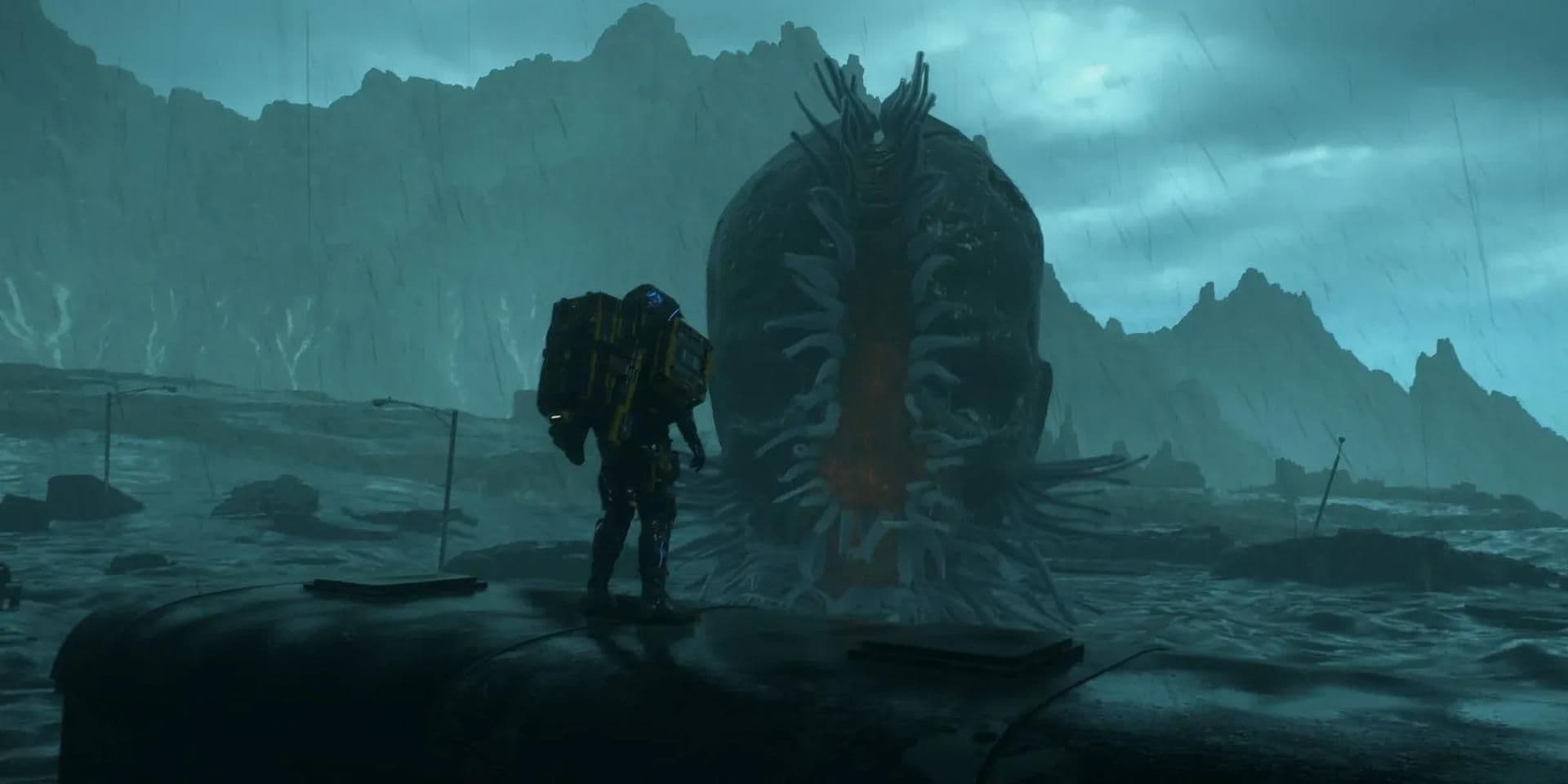 Death Stranding Sam Bridges prepares to fight a massive Catcher BT to farm Chiral Crystals.