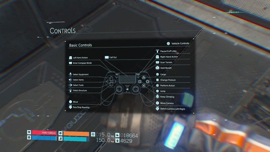 Sam Porter Bridges balances a heavy cargo load in Death Stranding using the L2 and R2 buttons.