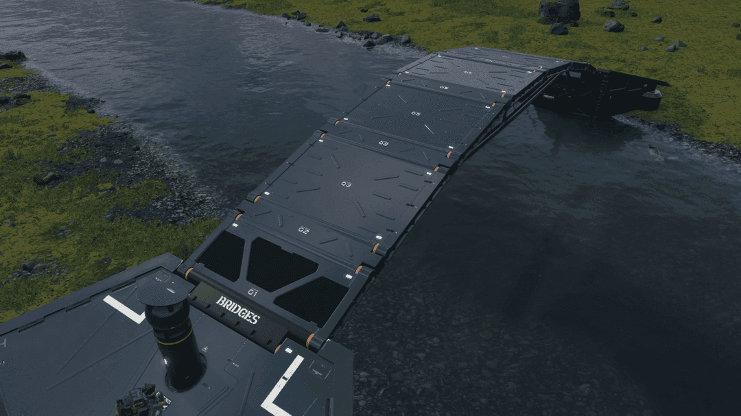 Death Stranding gameplay showing player-built bridges and structures that appear in other players' worlds.
