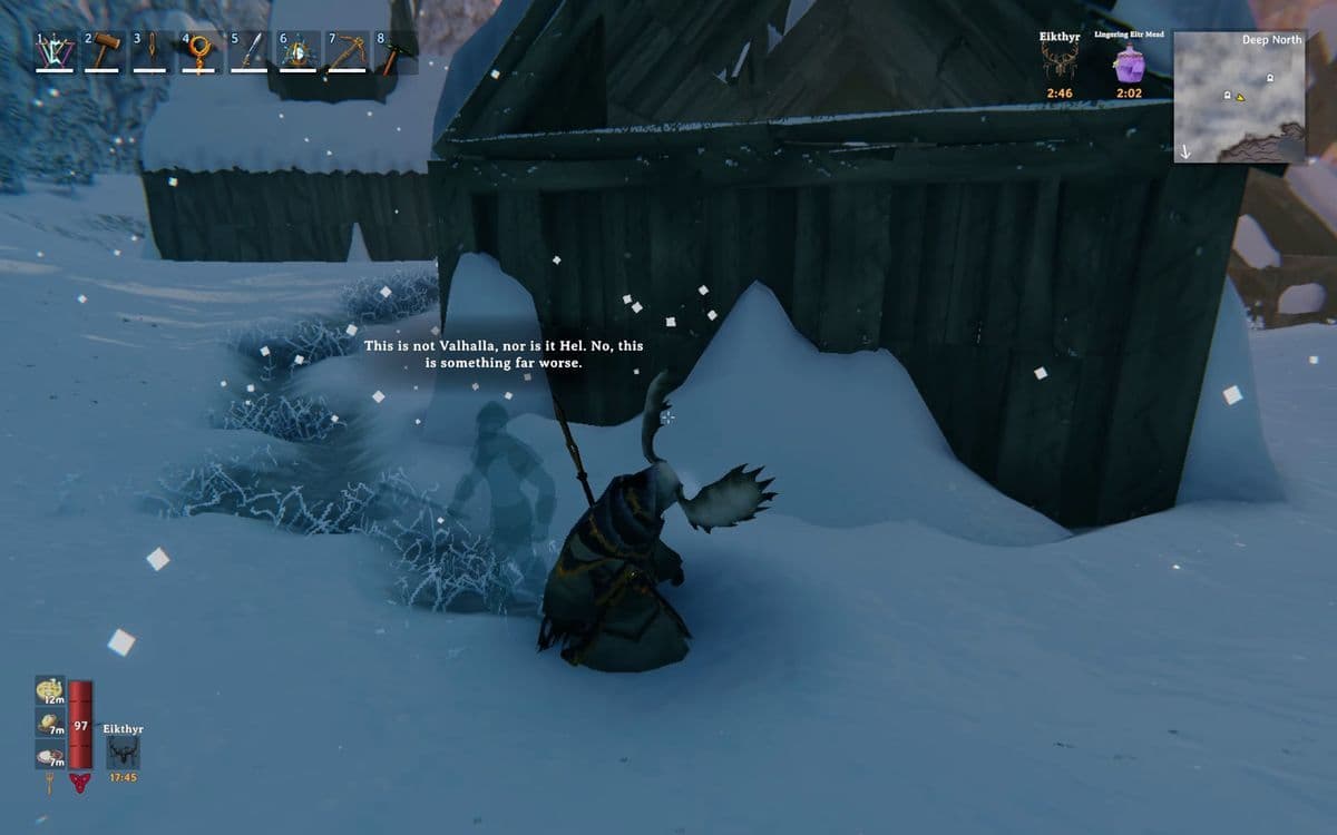 Moose-like creature in the snowy Deep North near a ruined structure