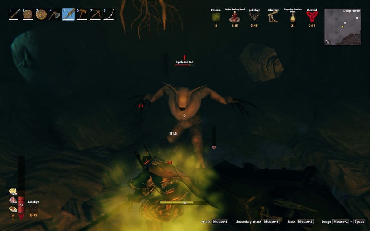 Eyeless One confronting a Viking inside Winding Tunnels