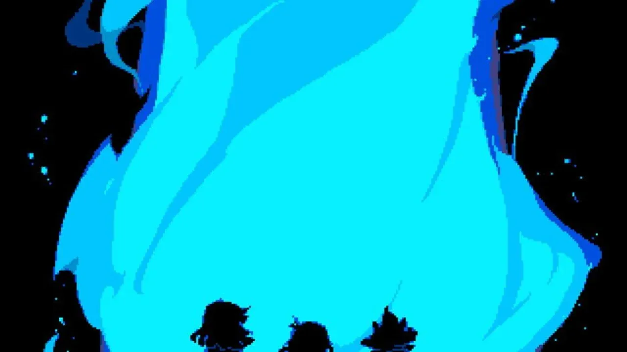 Detailed character artwork for Deltarune featuring Kris and Susie standing together in a dramatic pose.