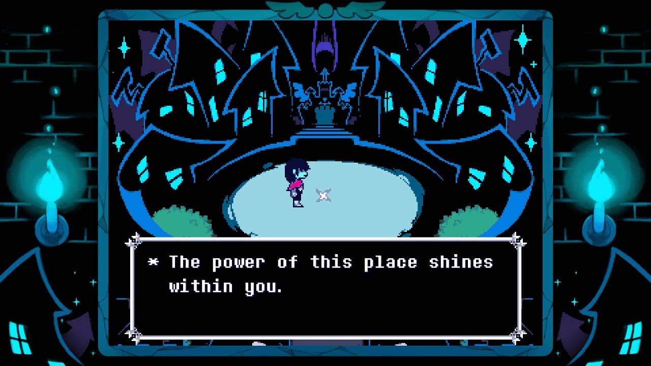 The hub town in Deltarune featuring creatively shaped buildings and detailed pixel architecture.