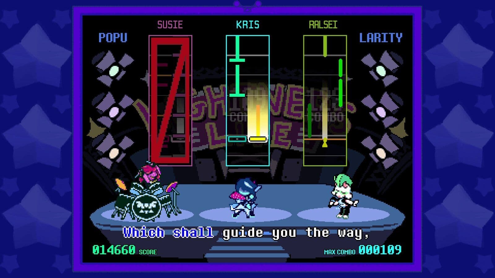 Deltarune characters participate in a rhythm-based musical battle on a colorful stage.