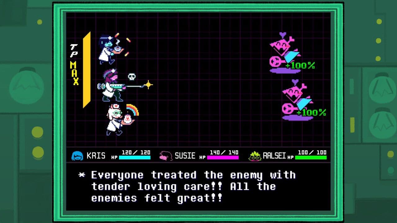 Deltarune battle screen showing Kris, Susie, and Ralsei using the Act command to appease enemies.