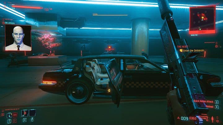 V prepares to escape Konpeki Plaza in a Delamain cab while Arasaka security closes in.