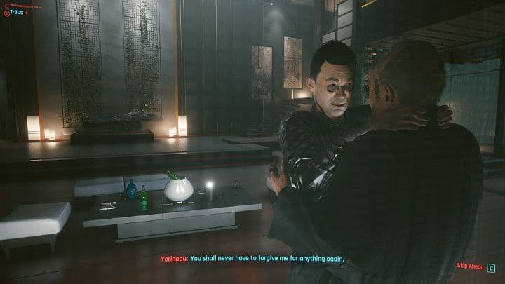 Yorinobu Arasaka confronts Saburo Arasaka in the Konpeki Plaza penthouse during The Heist.