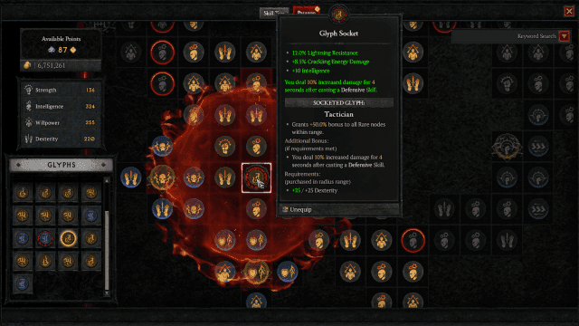The Diablo IV Paragon Board interface showing the complex node-based endgame progression system.