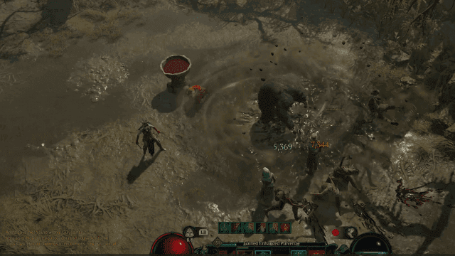 A Diablo IV Druid in werebear form smashes through a horde of hellish enemies in Sanctuary.