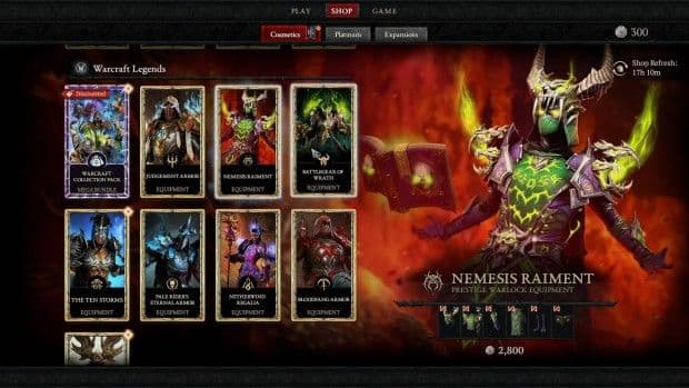 Diablo IV in-game cash shop featuring World of Warcraft themed cosmetic skins for characters.