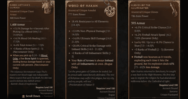 Diablo IV loot interface displaying high-level gear and character equipment slots.