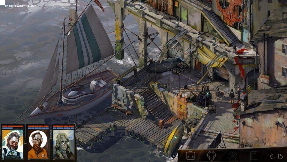 Una captura del protagonista de Disco Elysium explorando el hotel Whirling-in-Rags durante el primer día.