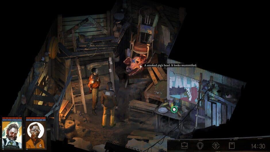 An official screenshot of Disco Elysium depicting the detective investigating a crime scene.