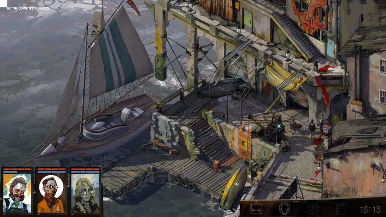 A detailed isometric view of the protagonist exploring the gritty, atmospheric streets of Disco Elysium.