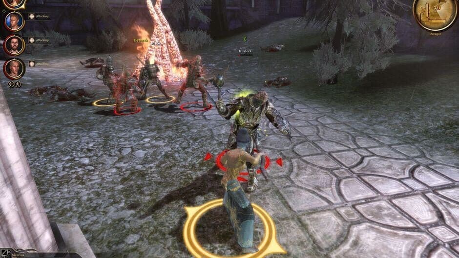 Dragon Age Origins tactical combat screenshot featuring party positioning and enemy engagement.