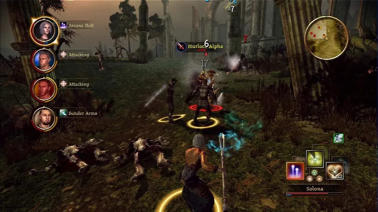 A party of adventurers battles a Hurlock Alpha in the tactical combat of Dragon Age: Origins.