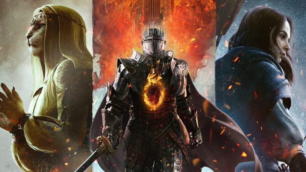 Official Dragon's Dogma 2 artwork featuring the Arisen and main characters against a dramatic backdrop.