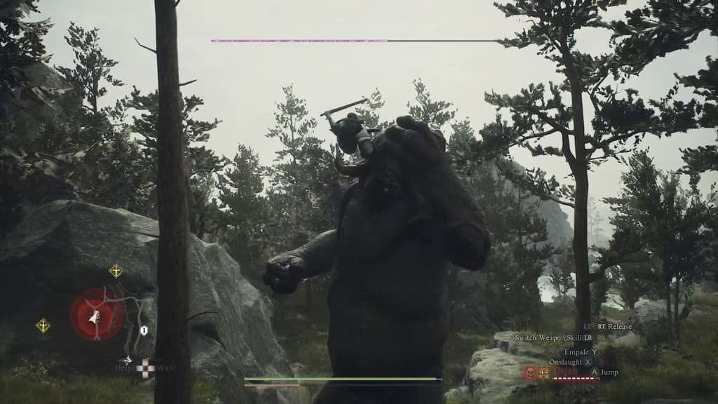 A fighter in Dragon's Dogma 2 clings to a Cyclops and stabs it in the eye during combat.