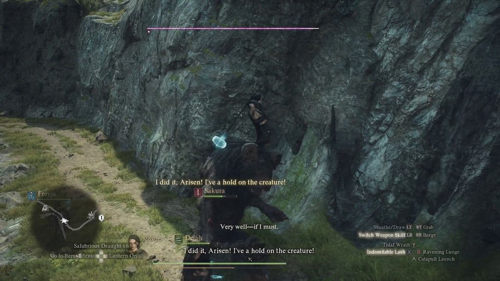 A warrior in Dragon's Dogma 2 prepares a final hammer blow against a downed Minotaur boss.