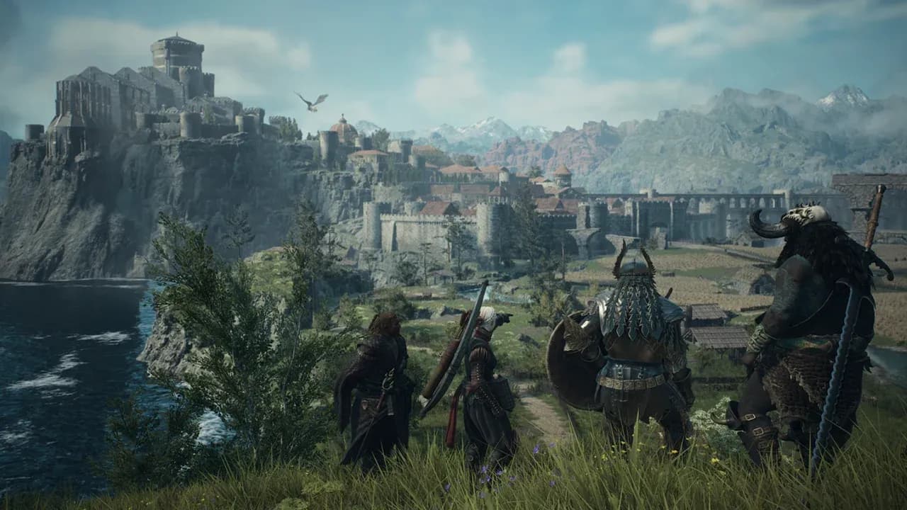 Four adventurers stand on a grassy hill overlooking a sprawling medieval city and mountains in Dragon's Dogma 2.