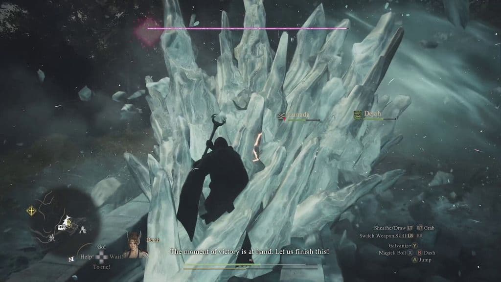 A Mage Pawn casts a powerful ice spell to support the party in Dragon's Dogma 2.