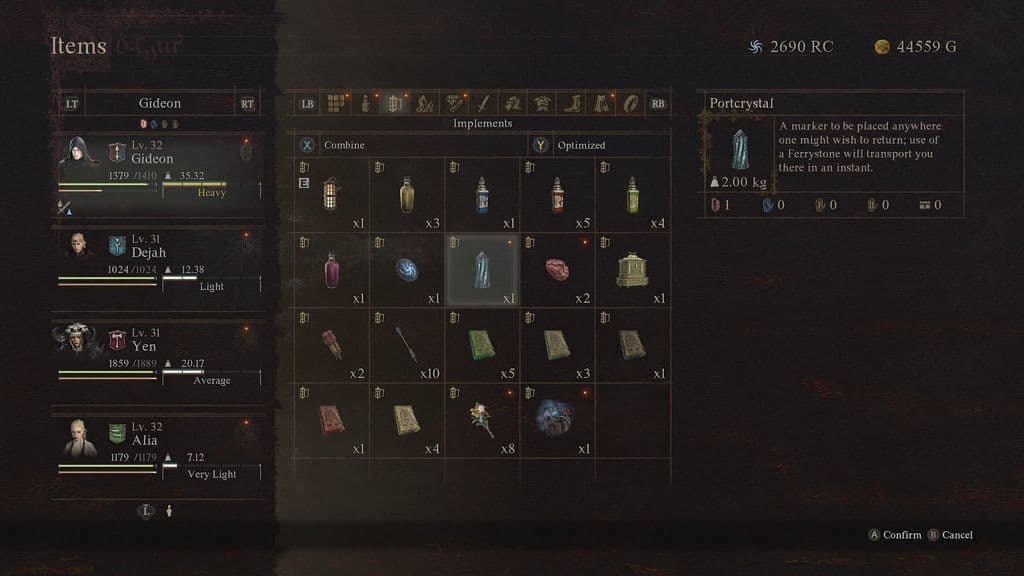 The Dragon's Dogma 2 inventory screen showing items and weight management for travel preparation.