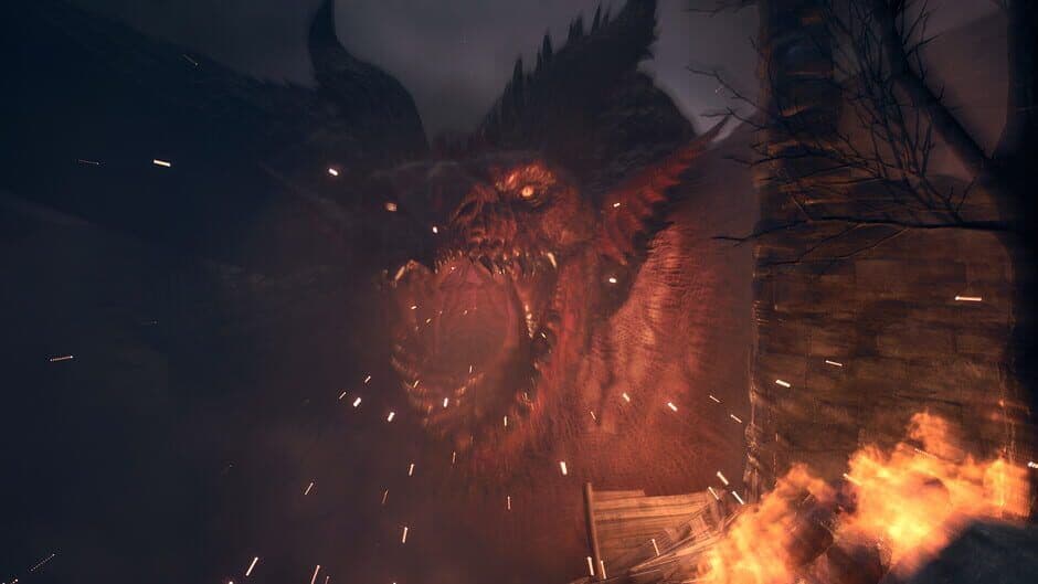 Dragon's Dogma II gameplay screenshot showing a party of Pawns engaging in a difficult boss fight in a rocky canyon.