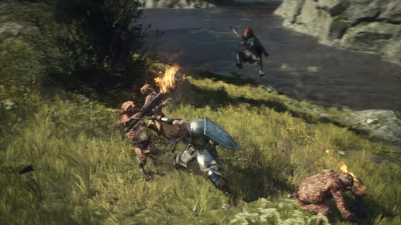 A powerful Arisen battles a massive griffin in Dragon's Dogma II, showcasing the game's intense high-level combat.