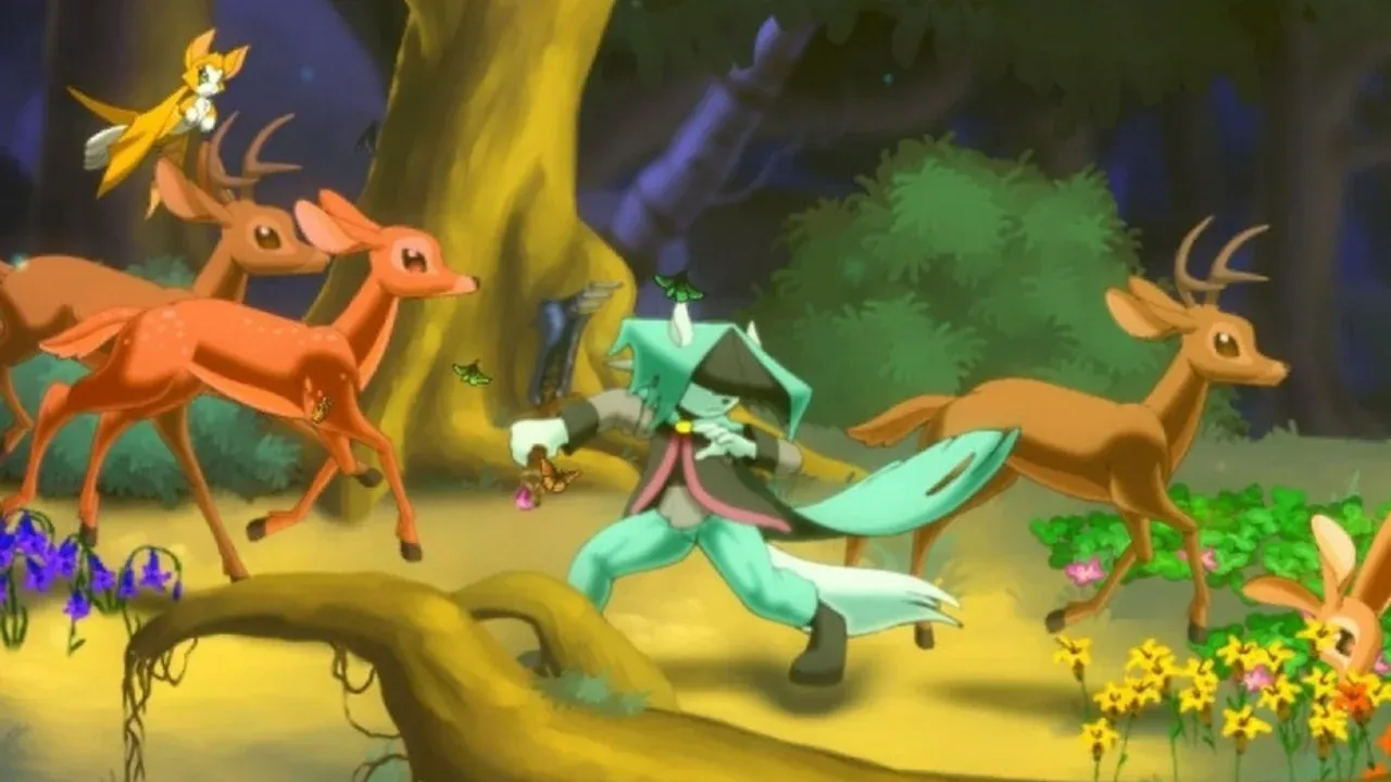 Dust from Dust: An Elysian Tail stands with his sword amidst peaceful wildlife in a vibrant, hand-drawn forest.