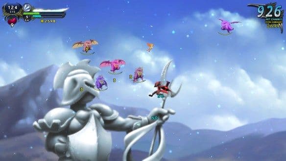 Dust: An Elysian Tail gameplay showing magic attacks and combo building for character power scaling.