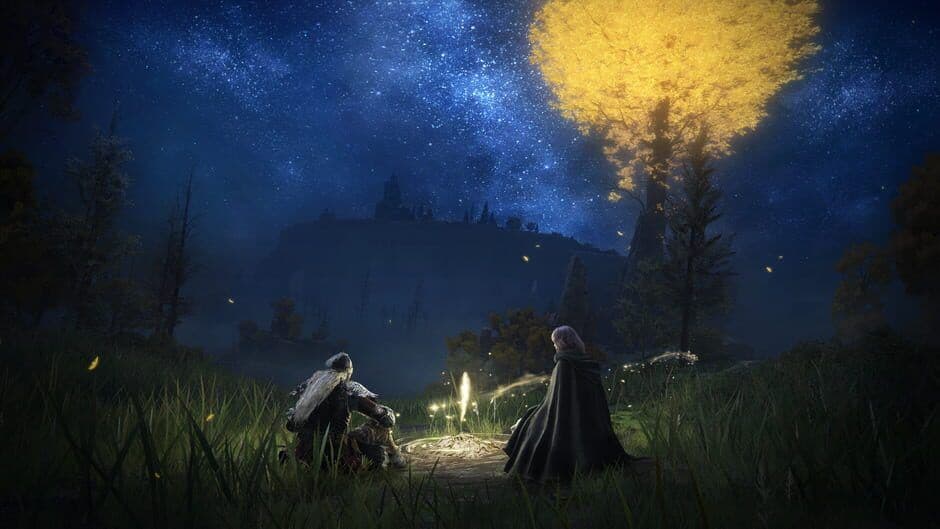 A cinematic screenshot from Elden Ring showing the dark atmosphere of the Lands Between.