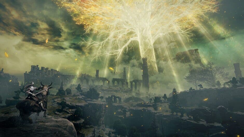 A high-resolution Elden Ring gameplay screenshot showcasing the detailed environment and production quality.