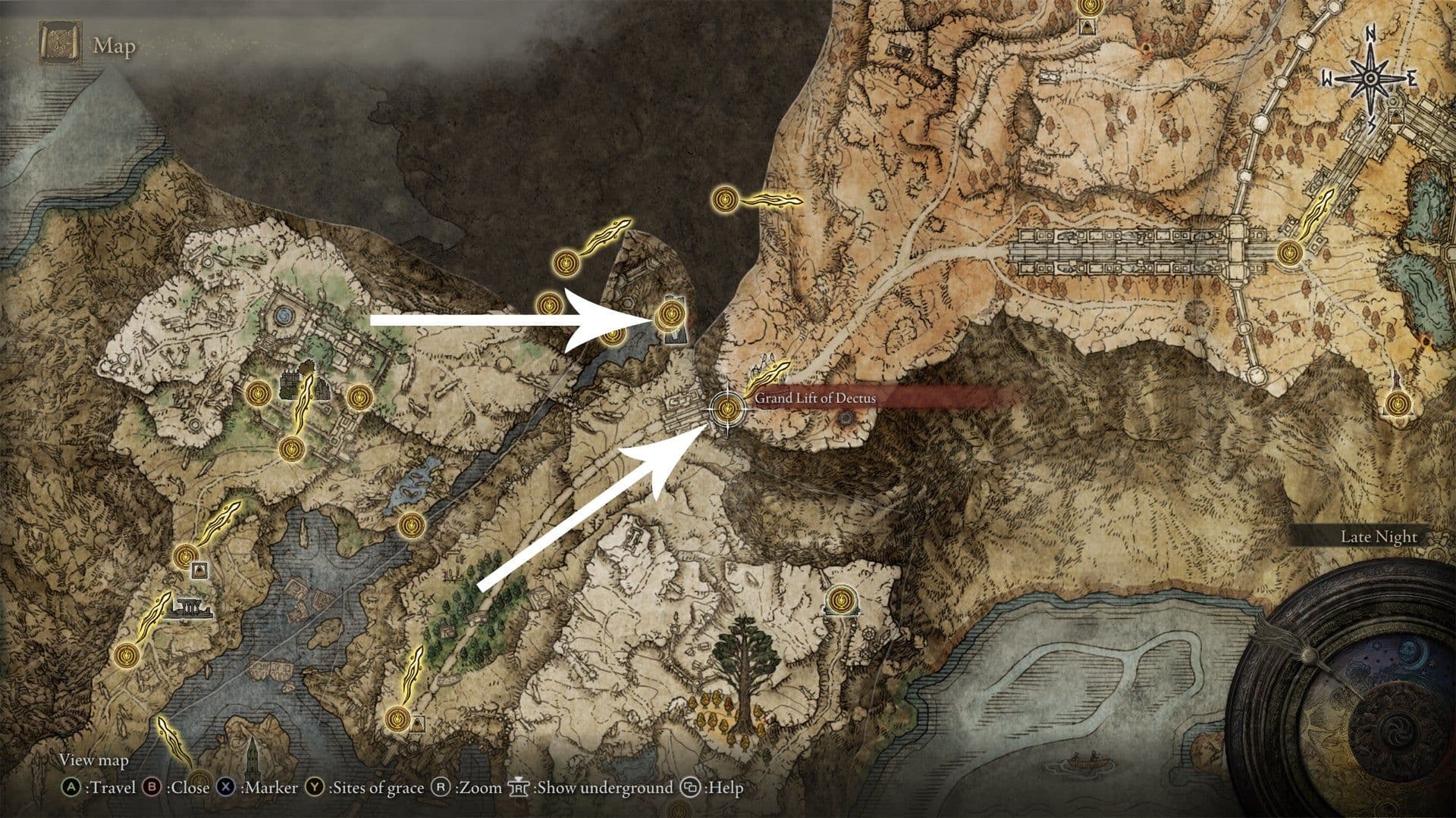 Mapa de Elden Ring que muestra los cruces fronterizos y las rutas para llegar a la Meseta de Altus.