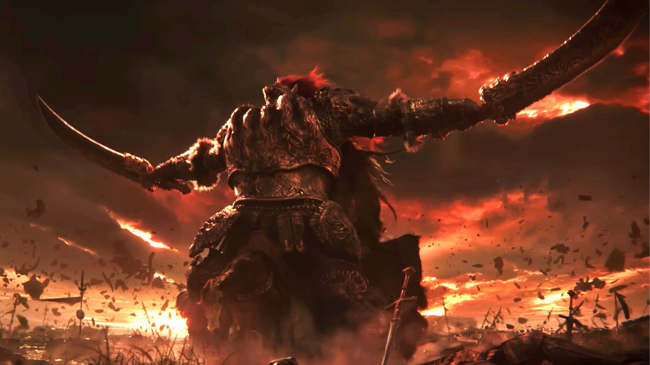 Starscourge Radahn empuña sus enormes espadones en Elden Ring contra un cielo teñido de rojo.
