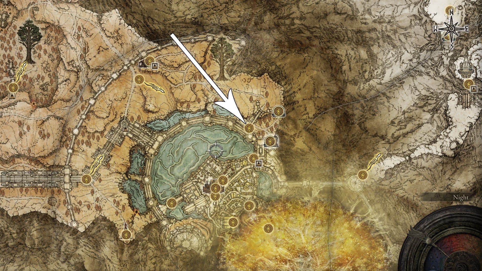 Mapa de Elden Ring que destaca el camino de entrada específico a la capital de Leyndell.