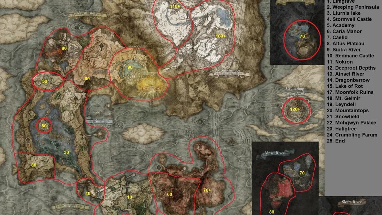 Elden Ring region map with yellow numbers indicating the optimal level range and boss progression order.