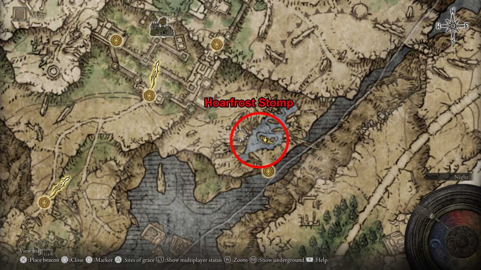 Mapa de Elden Ring que muestra la ubicación de la Ceniza de Guerra Pisada de escarcha cerca de la Mansión de los Caria en Liurnia.