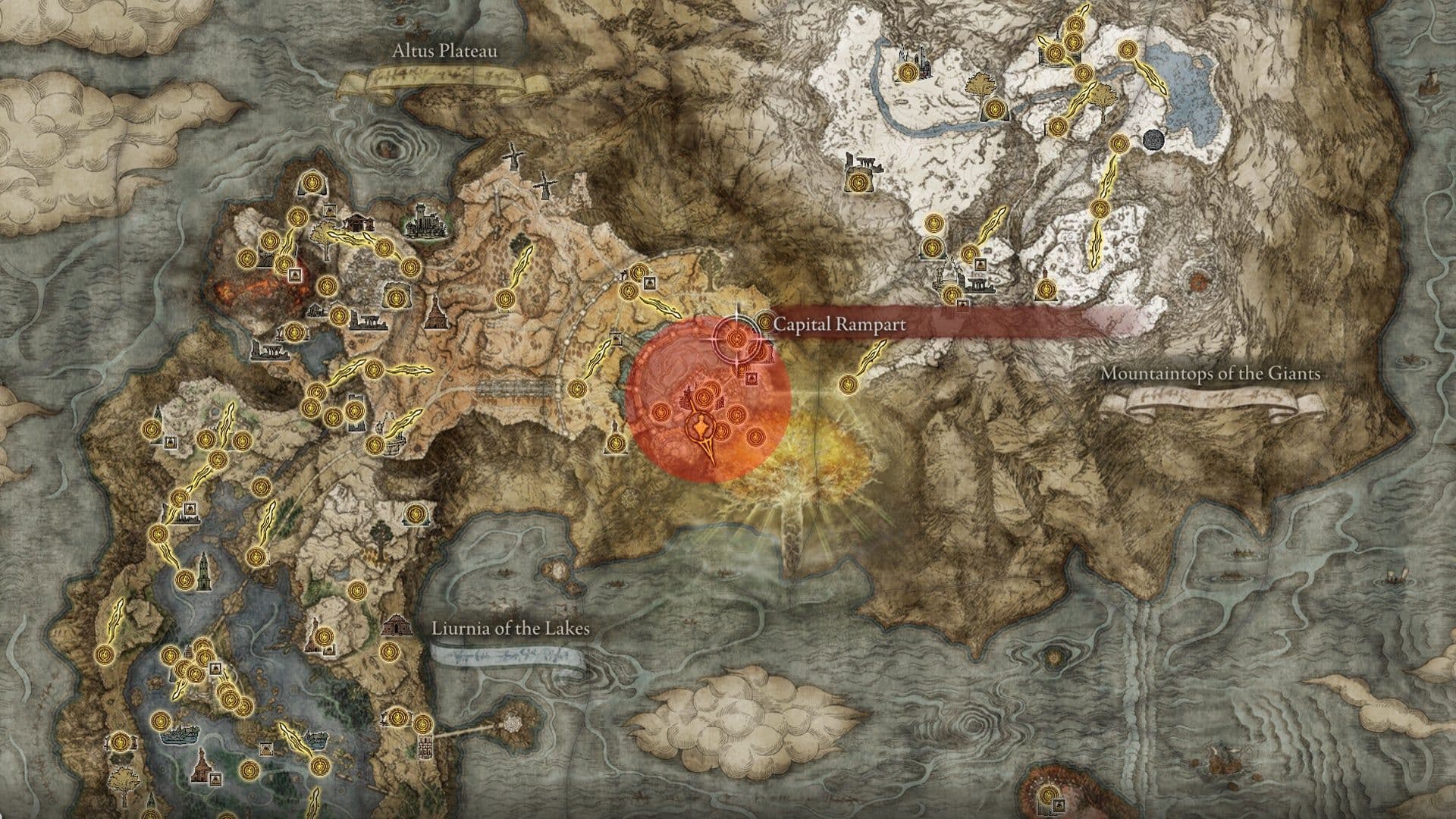 Mapa de Elden Ring que muestra la ubicación de Leyndell y el Castillo de Velo Tormentoso para la progresión de la Gran Runa