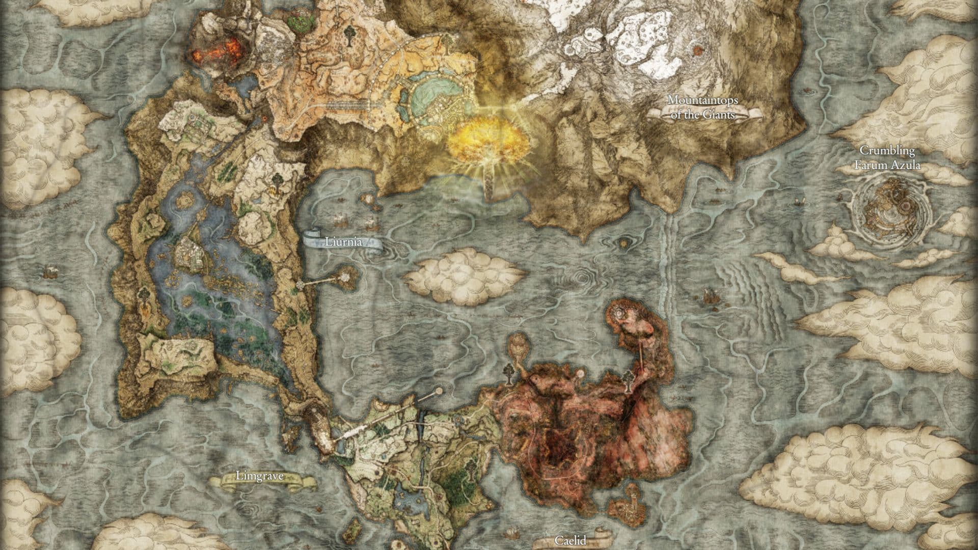 The full map of Elden Ring showing the vast world before the Land of Shadow was revealed.