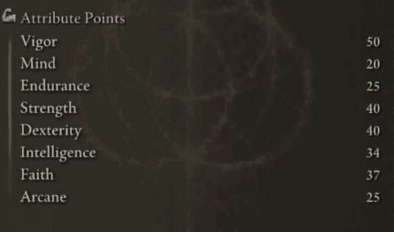 A list of attribute points in Elden Ring including Vigor, Mind, and Endurance numerical scores.