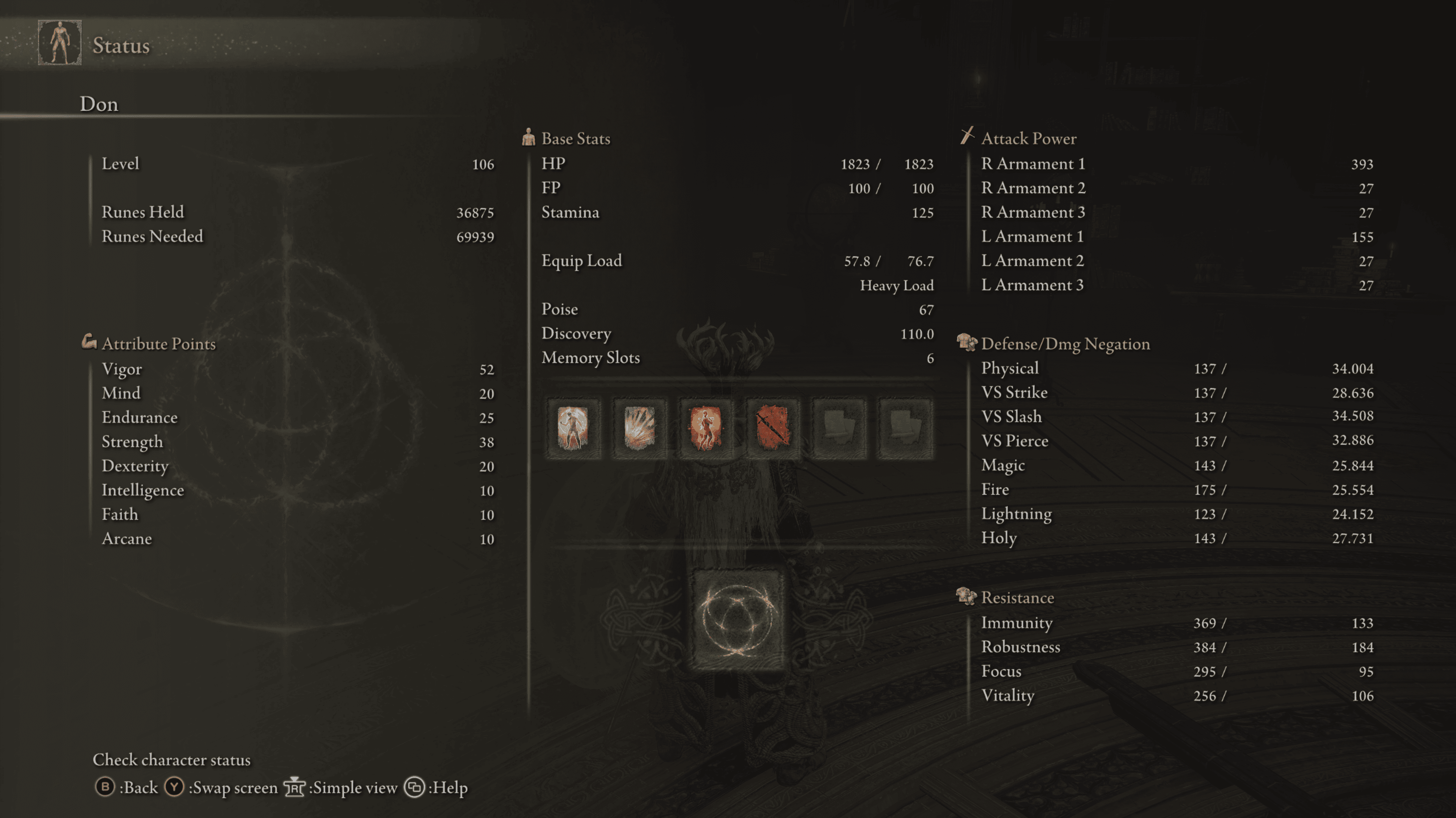 Elden Ring character stat screen showing Vigor Mind Endurance and other attributes