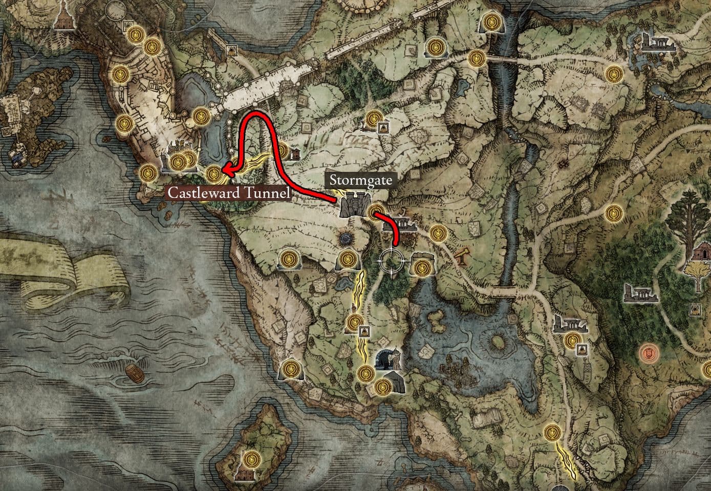 Mapa de Elden Ring que destaca la ruta desde el Portón de la Tormenta hasta la entrada del camino lateral del Túnel de Vigilancia del Castillo.