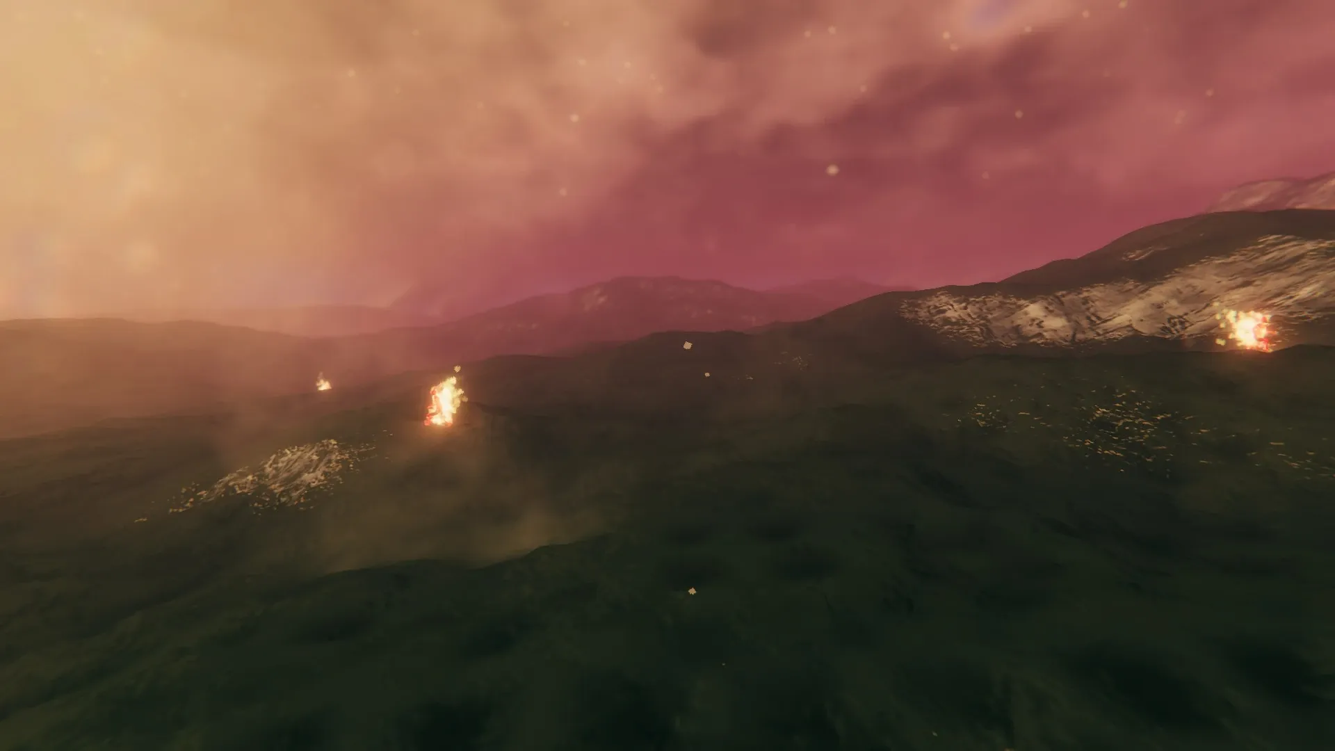 The Ashlands under a red sky, with fires burning across dark volcanic hills