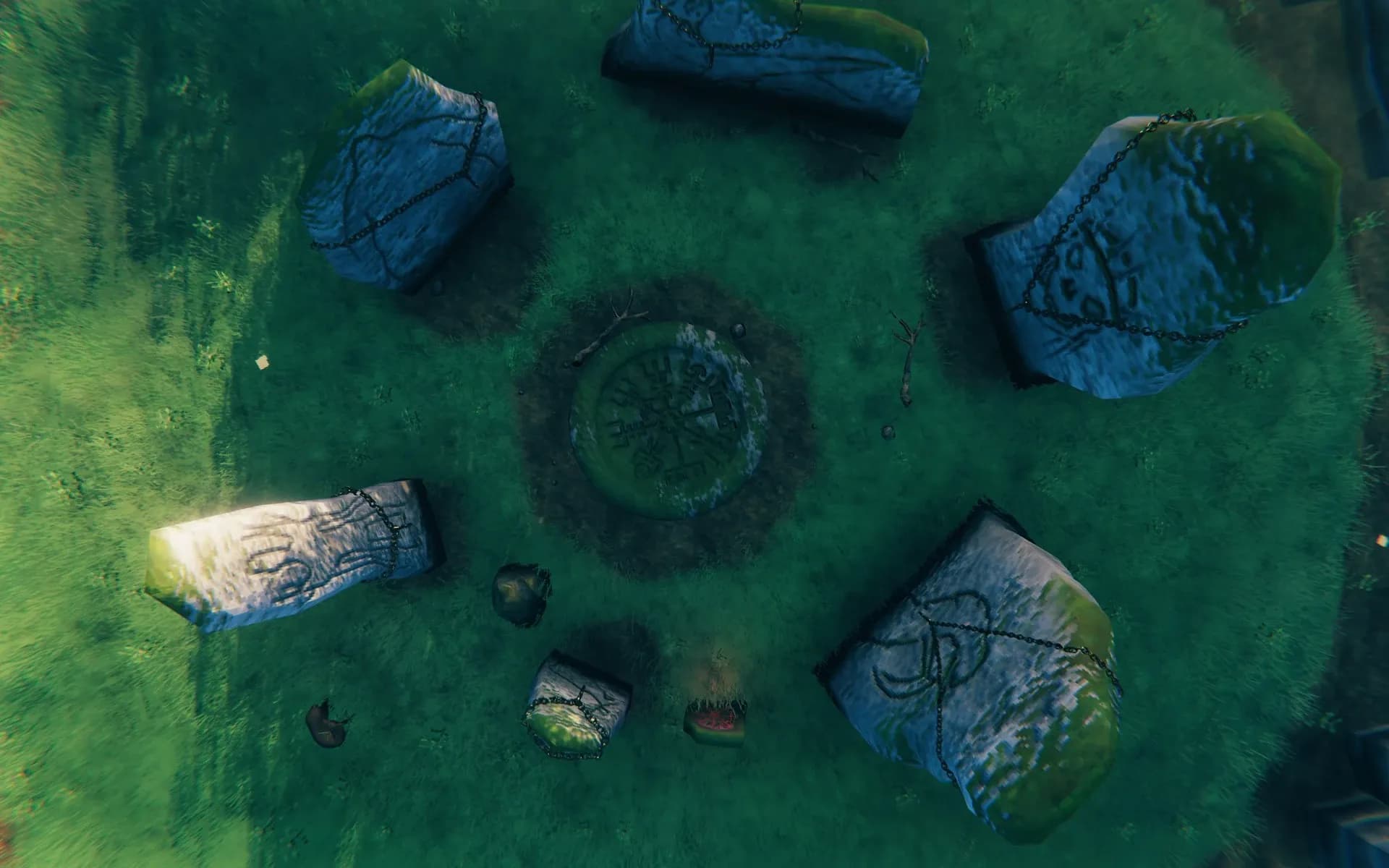 Overhead view of Valheim's Sacrificial Stones with the vegvisir carved into the central platform