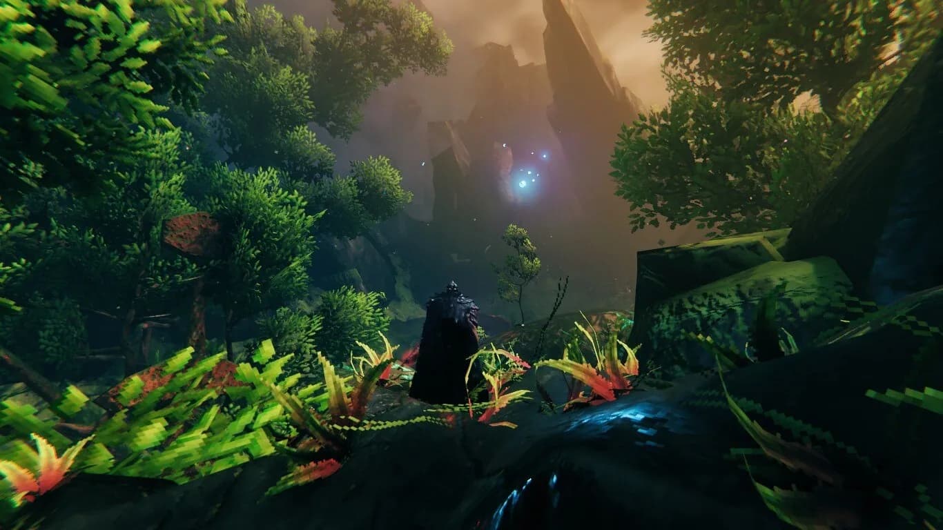 A Viking standing among glowing wisps in Valheim's Mistlands