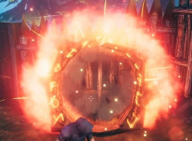 A lit Valheim portal ringed with burning orange runes
